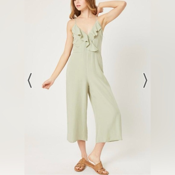 Love Tree Pants - Sage green ruffle surplice cropped jumpsuit xsmall